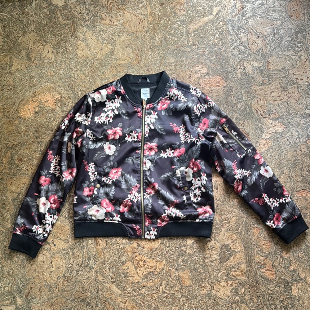 Ardene Black Floral Bomber Jacket L